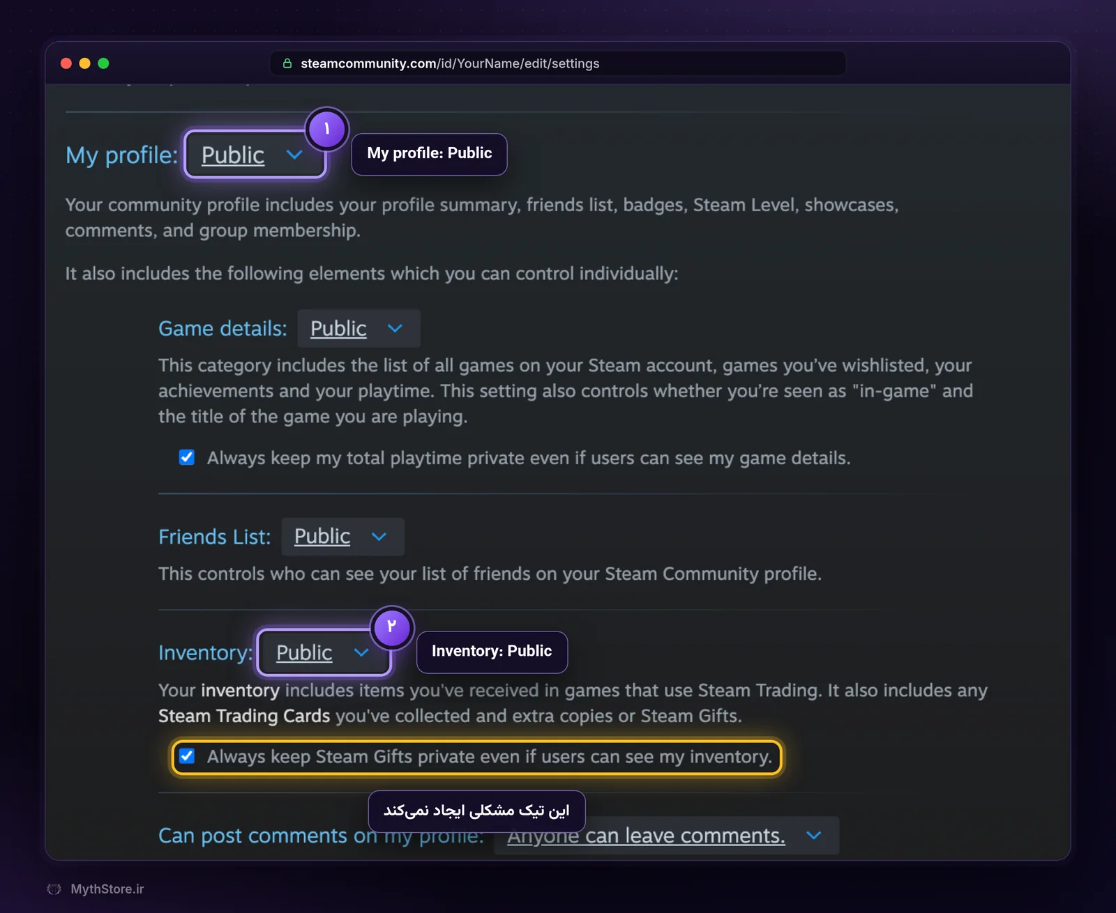 تنظیمات Privacy Settings استیم با My profile و Inventory روی Public